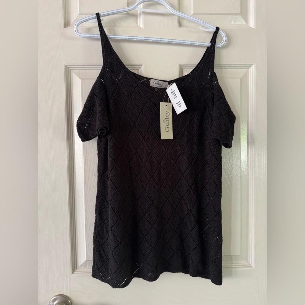 Guilty Chic Black Crochet Off-Shoulder Knit whimsy Goth Top
, size L, ptp 18 “